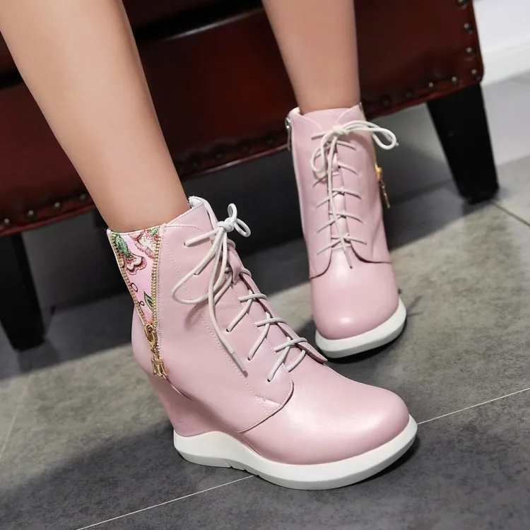 Womens Shoes Floral Printed Wedge High Heel Platform Ankle Boots PU Leather Casual Sneakers Side Zip 3Colors Korean Style A1168
