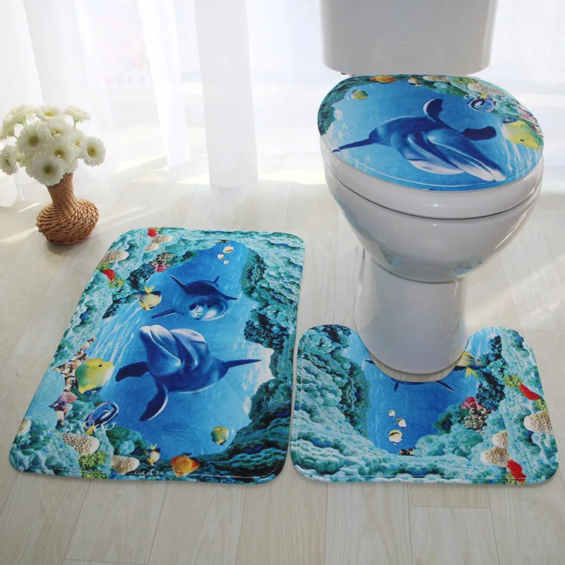 

3pcs Bath Mat Set Ocean Anti Slip Bathroom Mat Set Flannel Absorbent U Shape Pedestal Rug+Lid Toilet Cover Mat+Floor Carpet Set