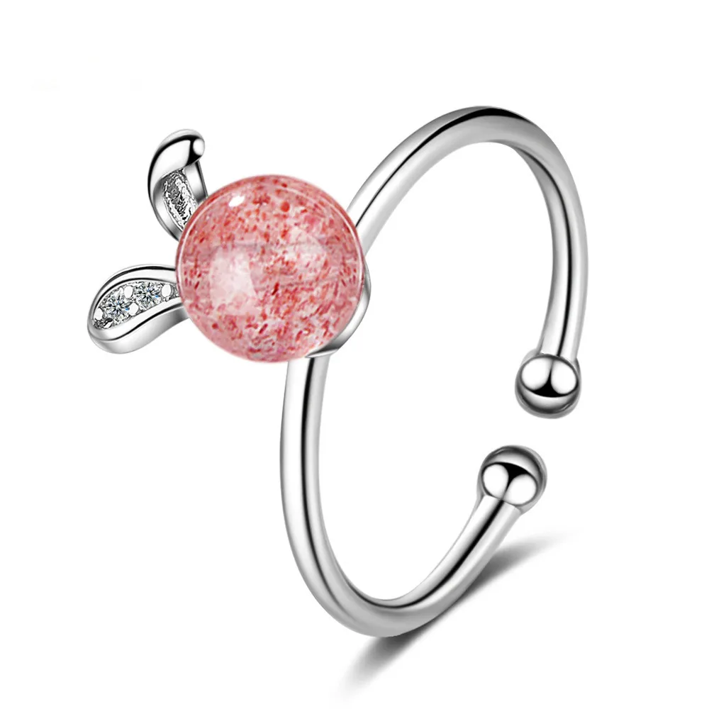 

Lovely Rabbit Pink Strawberry Quartz 925 Sterling Silver Female Finger Rings Jewelry Women No Fade Open Party Ring Girls Gift