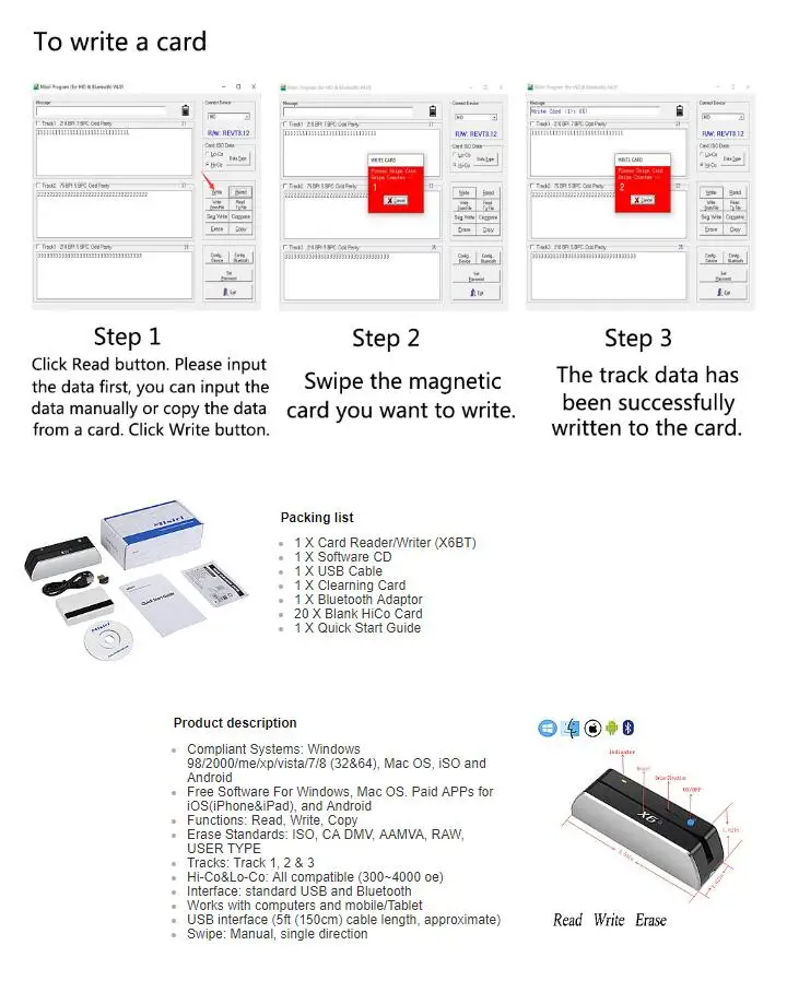 1 шт. Bluetooth USB 3 трека msr X6(BT) VIP Кардридер писатель кодер Мини Портативный