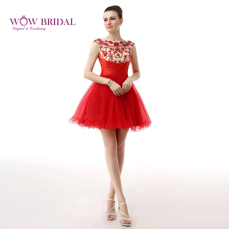 

Wowbridal Beaded Tulle Elegant Short Prom Dresses 2021 Scoop A-line Evening Dress Fast Shipping SH0047