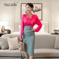 2 piece set plus size autumn women pink long sleeve turn down collar elegant office shirt top and knee length wrap work skirt