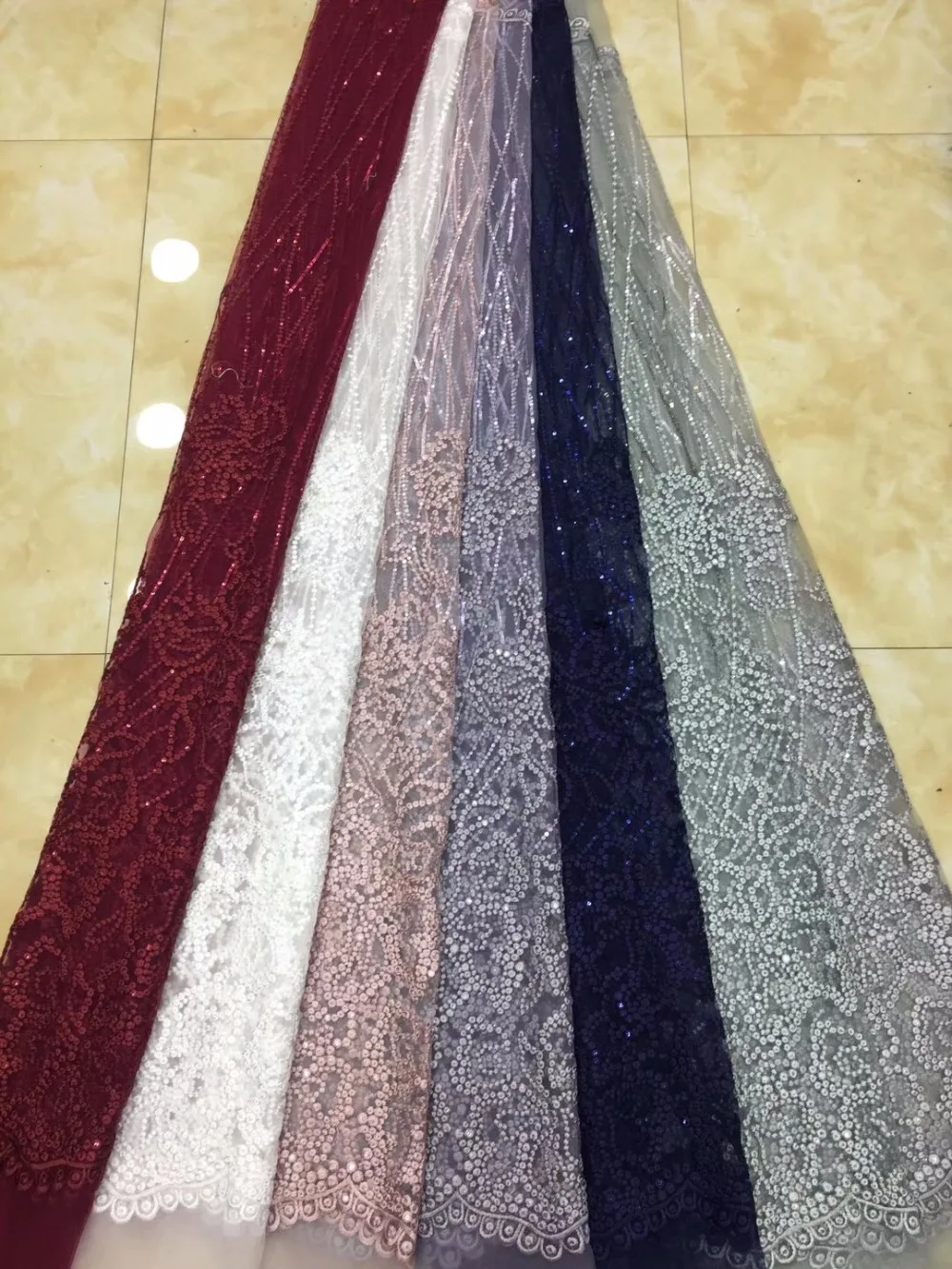

Nigerian Seuqins Mesh Lace Fabric Navy Blue Sequined Embroidered Lace Guipure African Tulle Net Lace Indian Style Wedding Lace