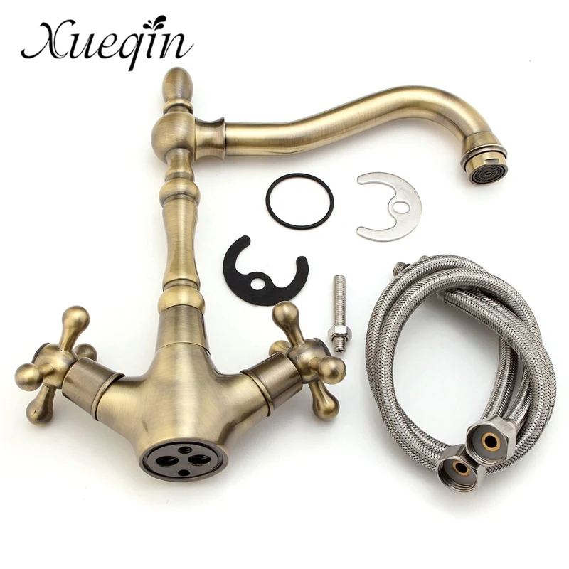 

Xueqin Antique Brass Bathroom Double Handle Basin Faucet Kitchen 360Rotation Washbasin Spout Hot and Cold Water Mixer Taps