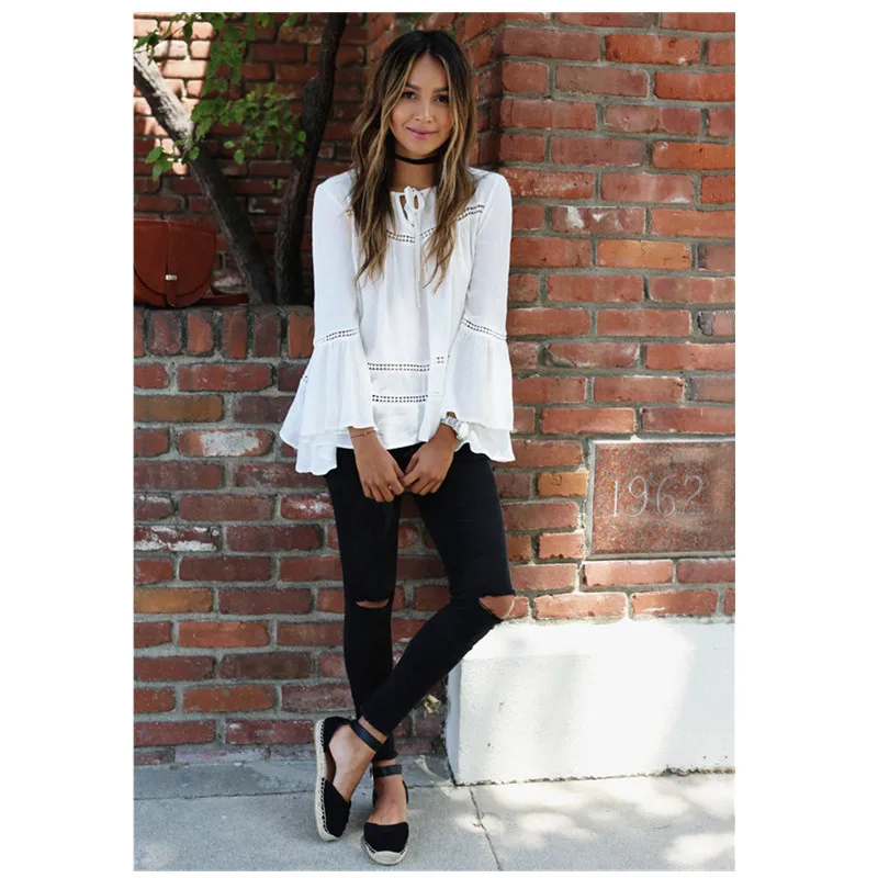 Новинка 2017 года Для женщин Кружево Повседневное белая блузка дамы с круглым