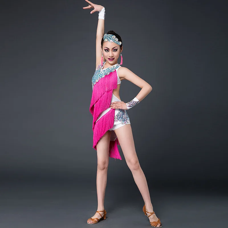 Новое латинское детское танцевальное платье с кисточками и стразами для девочек