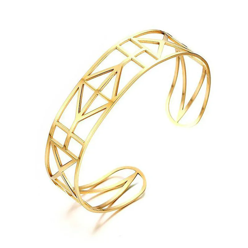 Gold-color Geometric Hollow Bangle For Women Stainless Steel Open Bracelet Fashion Jewelry | Украшения и аксессуары
