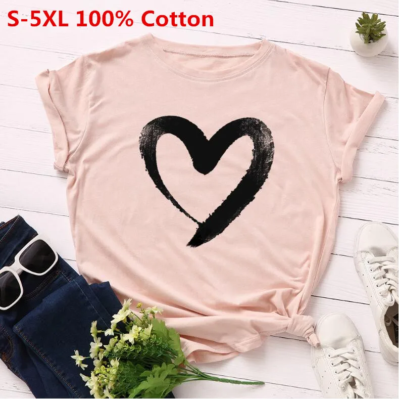 Женская футболка с коротким рукавом круглым вырезом и принтом сердечек|Футболки|