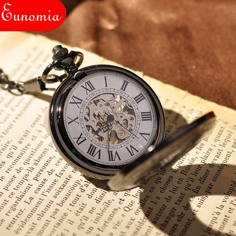 Black Love Heart Vintage Skeleton Mechanical Pocket Watch With Key Chain Fashion Cool Steampunk Antique Sales Gift | Наручные часы