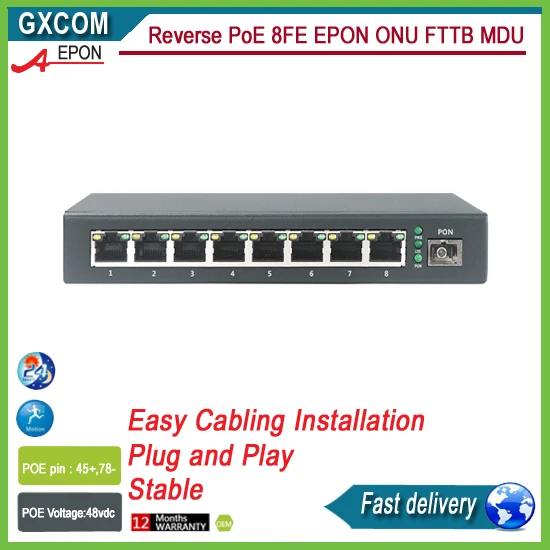 Обратное POE Питание ONU 8FE наружное применение Защита от перенапряжения воды IP65 RPOE