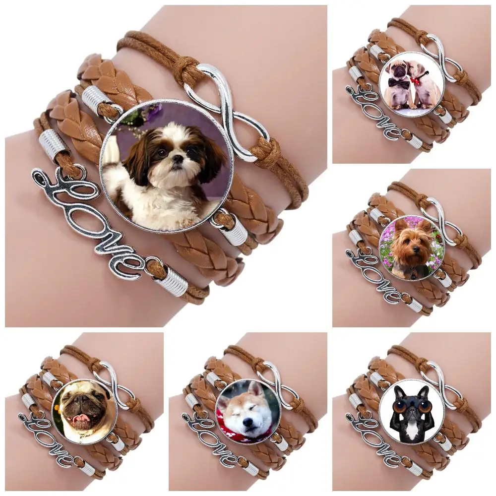 Женский винтажный стеклянный многослойный браслет черный/коричневый кожаный