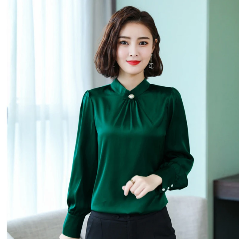 

2019 New Women Satin Long Sleeve Shirts OL Lady Silk Imitation Short Shirt Solid Stand Collar Blouse Spring Autumn Tops Elegant