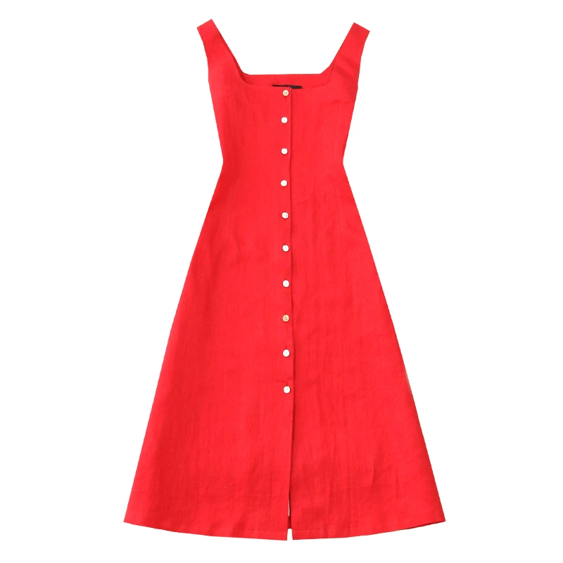 На заказ льняное праздничное Ретро Талия длинное красное платье без рукавов
