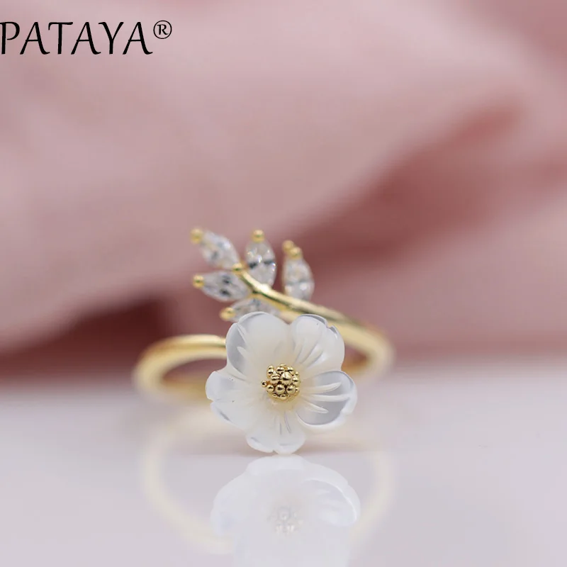 PATAYA Merry Christmas подарок на год модные золотые украшения Настоящее Белое золото ракушка Цветы Природный Цирконий вверх Открытые Кольца для женщин