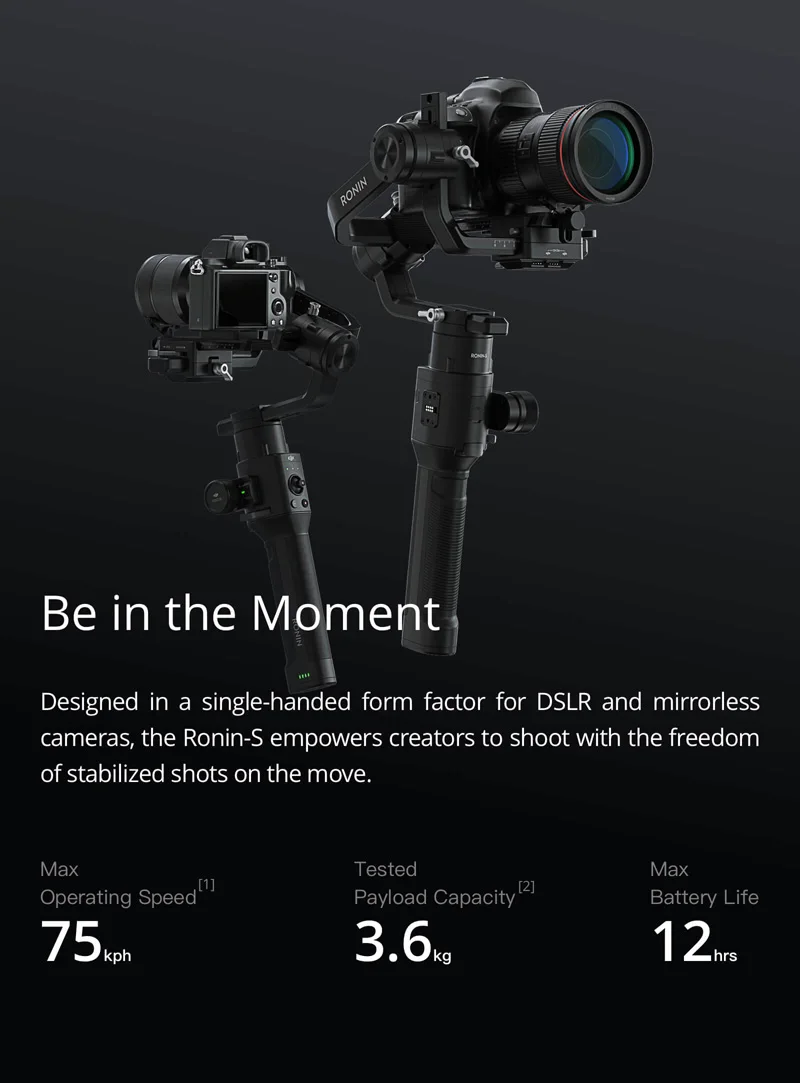 DJI Ronin-S Улучшенный 3-осевая стабилизация автоматизированный SmartShooting работает 12 часов один раз быстро меняющемся съемки портативный монопод с шарнирным замком