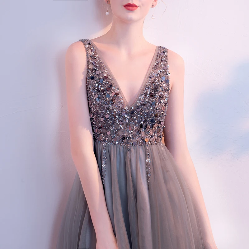 

Vestido De Festa Grey Short Prom Dresses Tulle Beading Gala Jurken V Neck Backless Sexy Prom Dress Sleeveless Gala Dress
