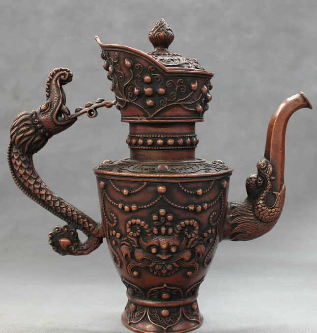 free shipping USPS to USA S1220 10&quot Chinese Red Copper Bronze Buddhism Dragon Head Statue Lion Wine Pot Teapot | Дом и сад