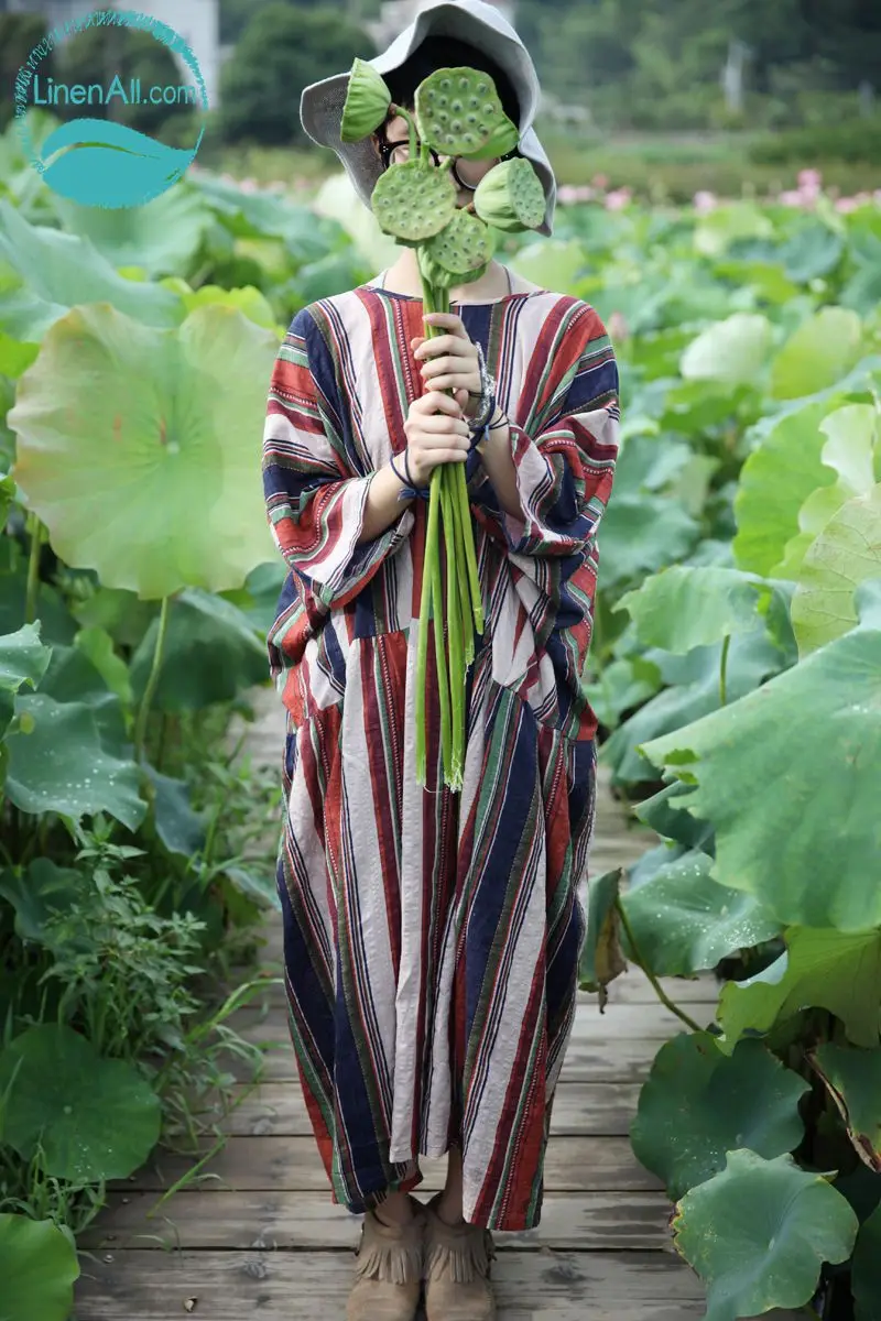 Linenall.com оригинальный дизайн вертикальные линии цвет хлопчатобумажное платье