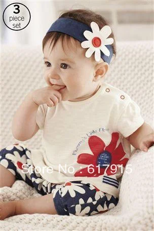 Free shipping baby set Girls flowers 3pcs suit (shirt + pants headband) cute casual summer 5set/lot | Мать и ребенок
