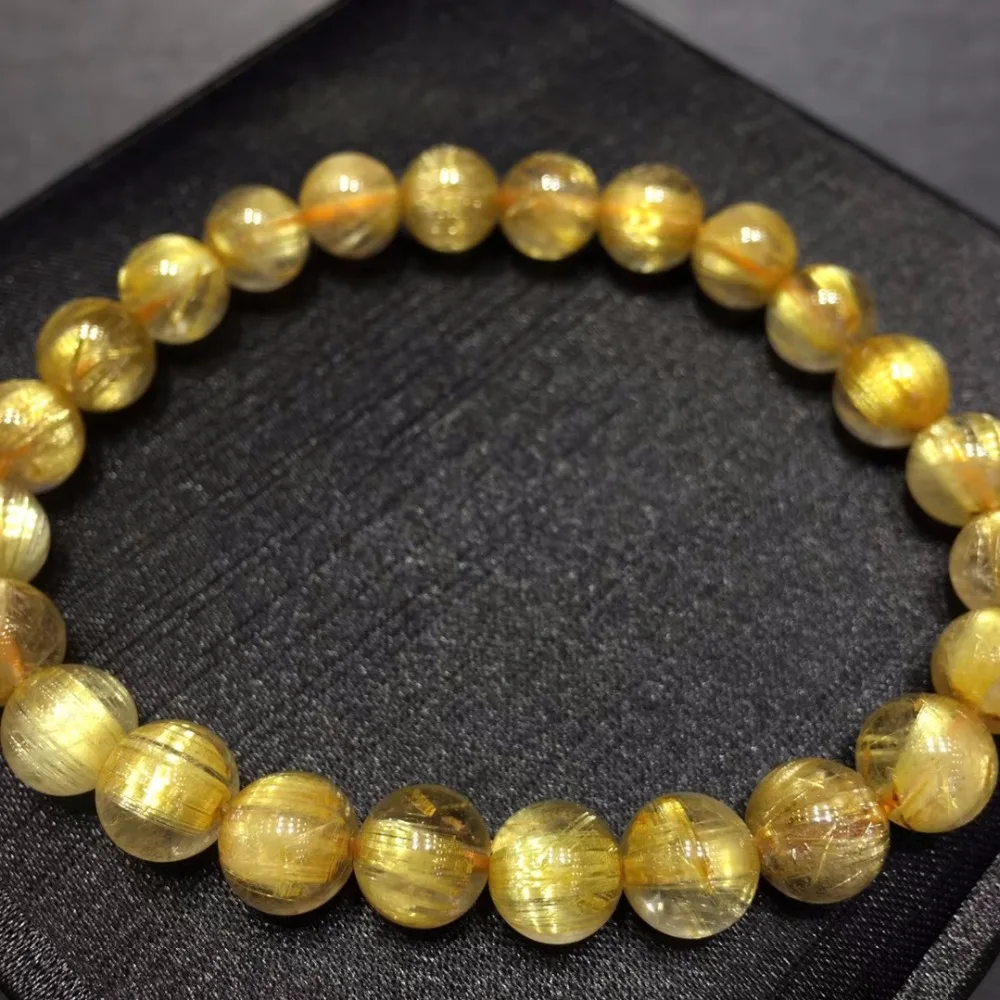 

Top Natural Brazil Gold Rutilated Titanium Quartz Round Beads Bracelet Women Man 8mm Stretch Crystal Certificate AAAAAA