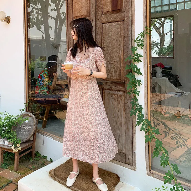 Для женщин летние милые платья Chic Ins Kawaii Винтаж с v образным вырезом платье