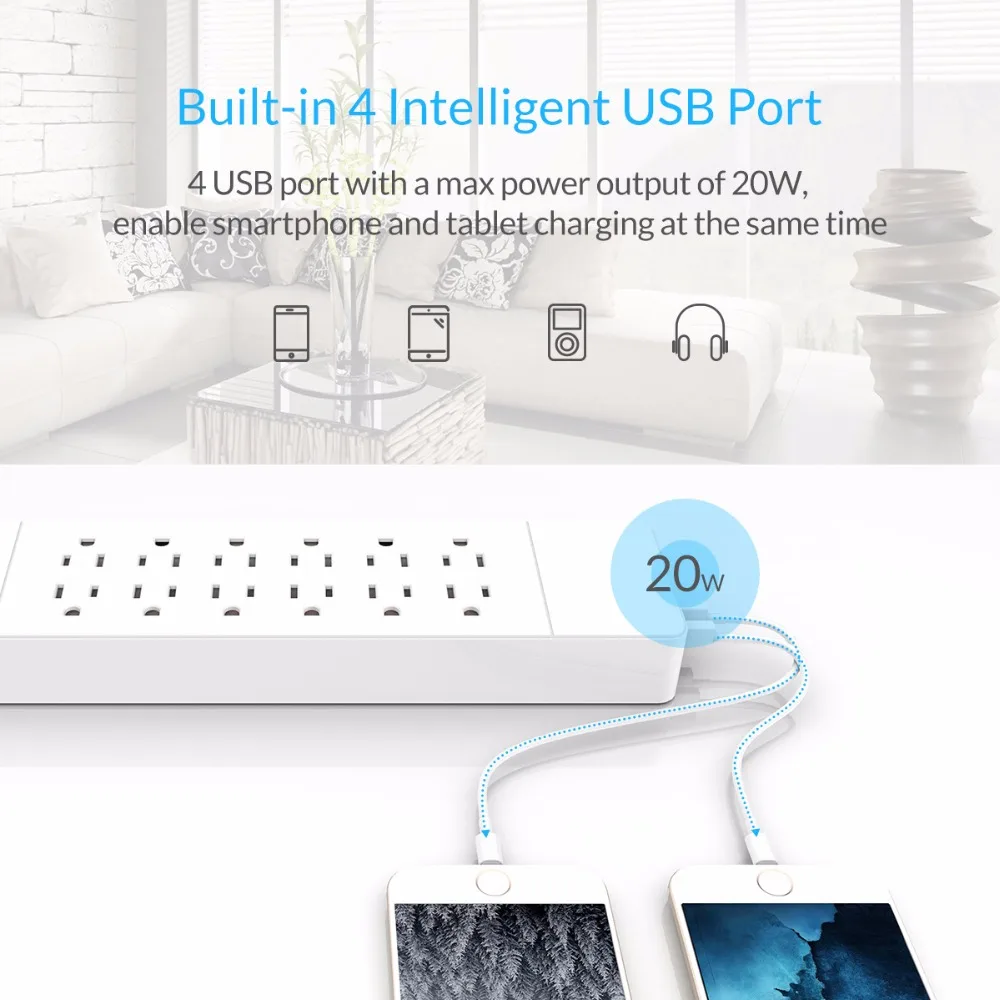 ORICO USP-12A4U силовая полоса 4 порта USB 12 розеток переменного тока двойная Встроенная