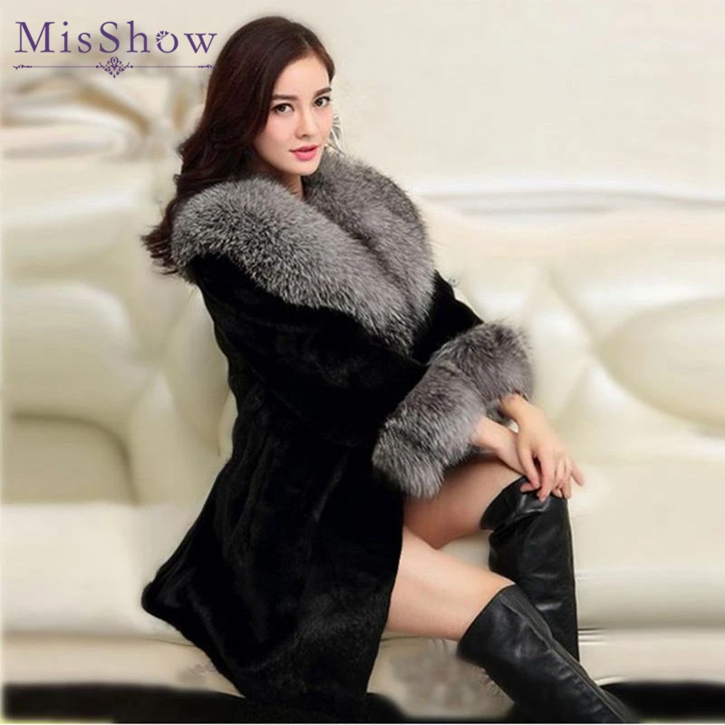 Misshow элегантный Искусственный мех Куртки искусственный Silver Fox меховой воротник