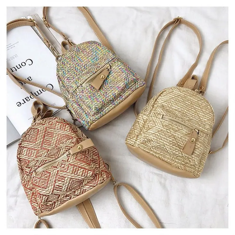 

Straw bag new women's woven backpack college rattan bag student bag girl summer beach bag travel mini backpack