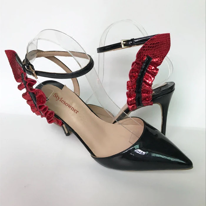 Stylesowner красный Волан босоножки Ремешок на щиколотке острый носок черный