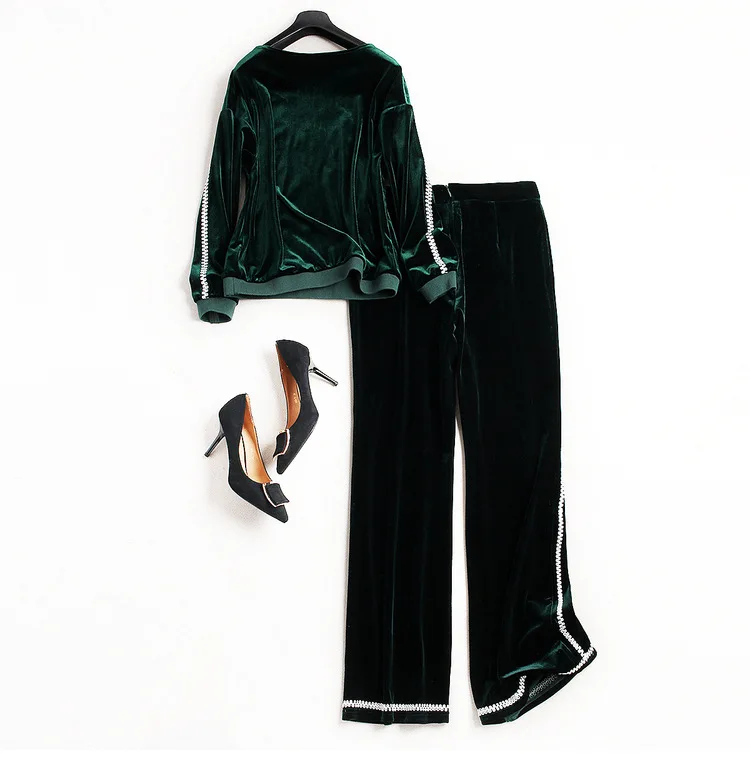 2018 spring women velvet green 2 pieces Set lace suit + Pants casual slim sets (LB106) | Женская одежда