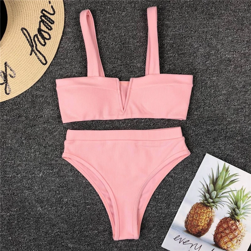 2019 Women Swimsuit Push-up Bikini Set V-neck Sexy High Waist Bikinis Solid Color Plavky Biquinis Bather Swimwear Bathing Suit |