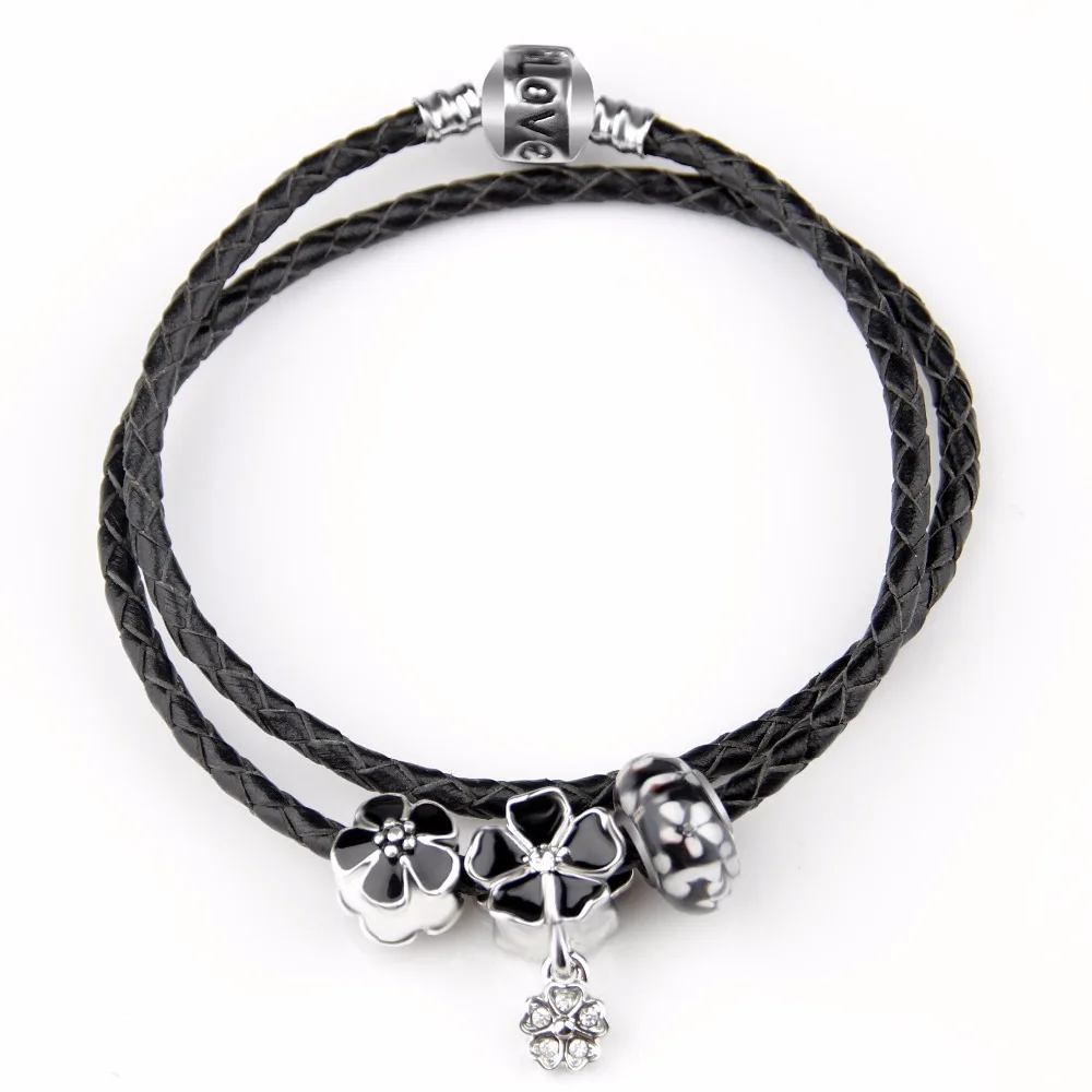 

Новинка 2017, кожаные браслеты и браслеты с посеребренными бусинами, подходят для подвесок, браслет для женщин, рождественский подарок