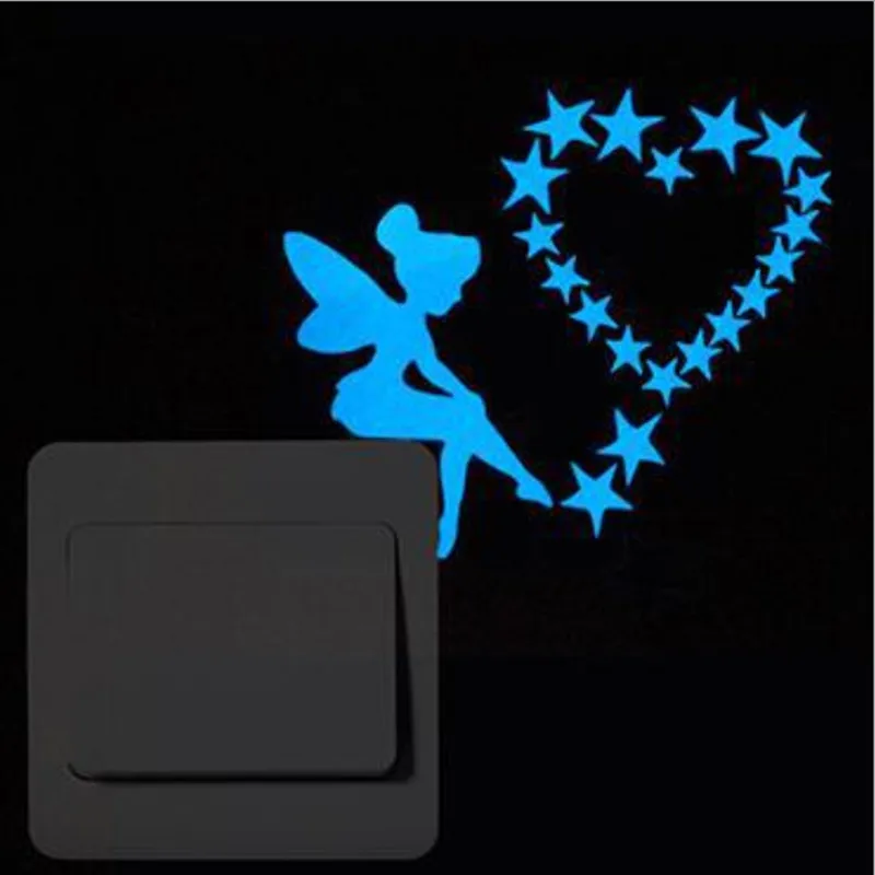 

Blue-light Luminous Switch Sticker Home Decor Cartoon Glowing Wall Stickers Dark Glow Decoration Sticker, Cat/Fairy/Moon Stars
