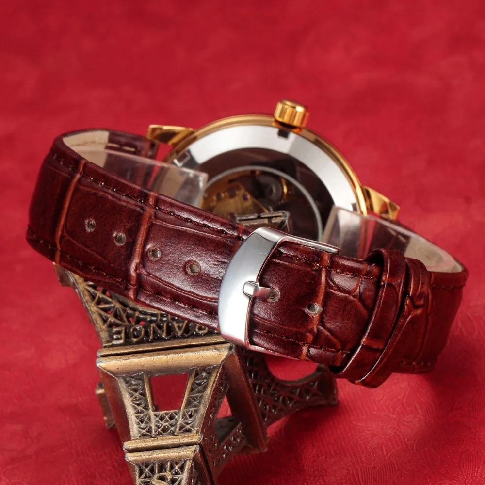 Автоматические механические часы SEWOR мужские с кожаным браслетом со скелетом