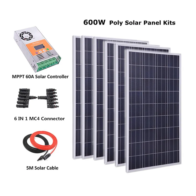 

600W Off Grid Complete Solar Panel Systems with 6pcs 100w polycrystalline solar panel, 60A MPPT Solar charge controller
