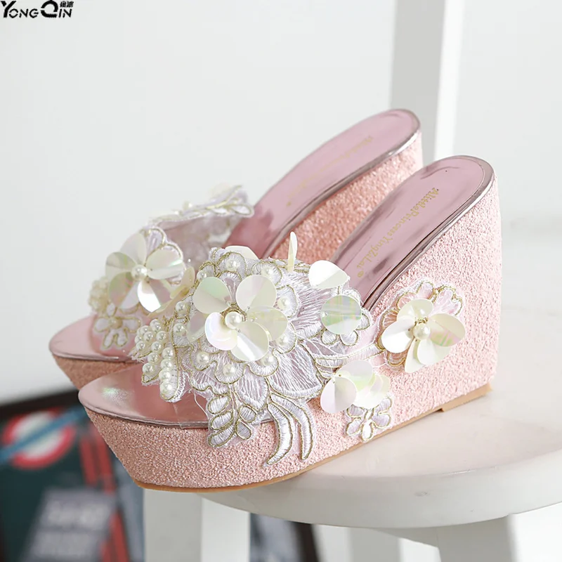 

New Rose Flower Women Sandals Lace high heel Wild Wedge women's shoes