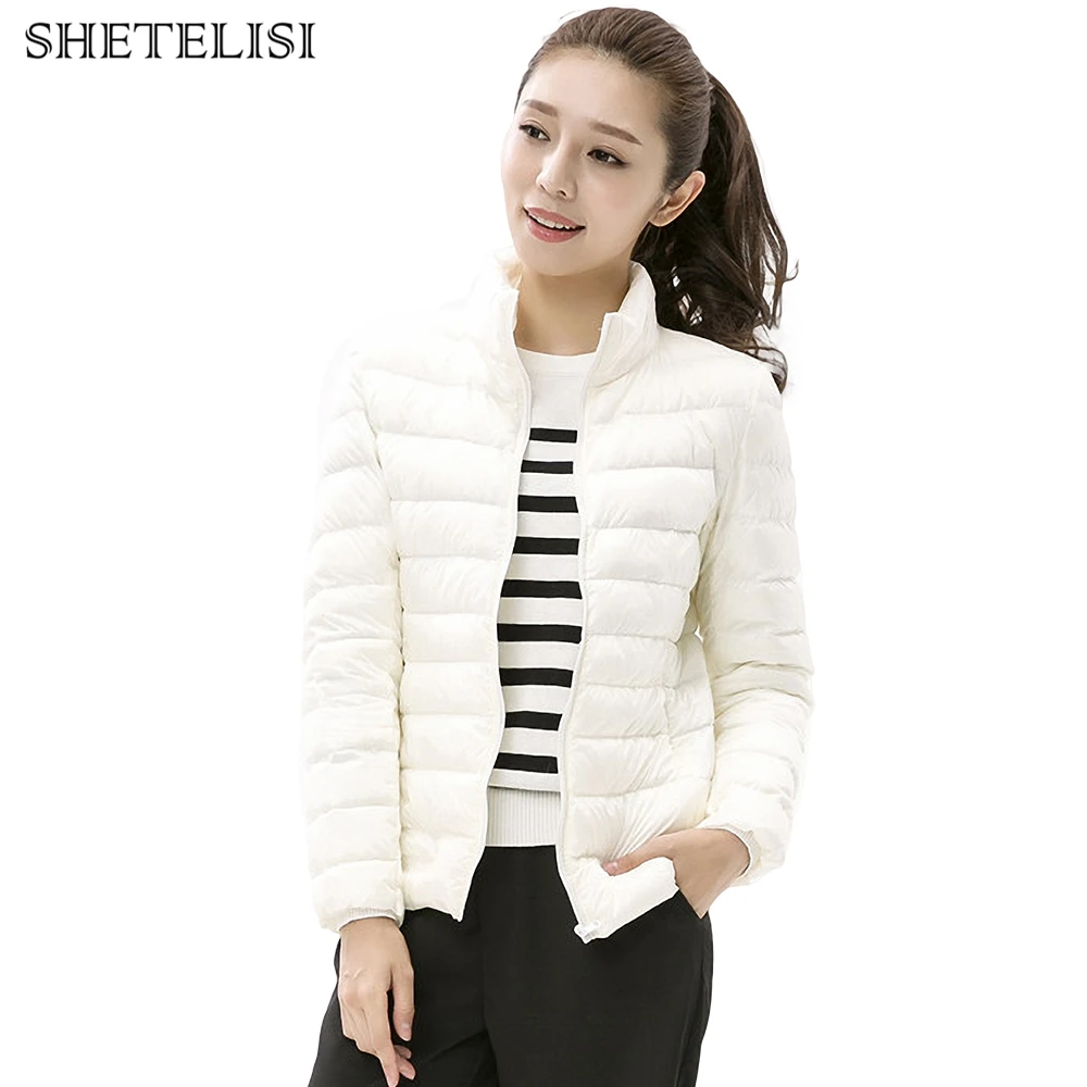 Однотонный зимний женский пуховик карманный модный 90% утиный пух ультралегкий