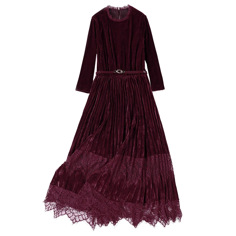 Весенне-осеннее женское платье с кружевным низом темно-зеленое бархатное