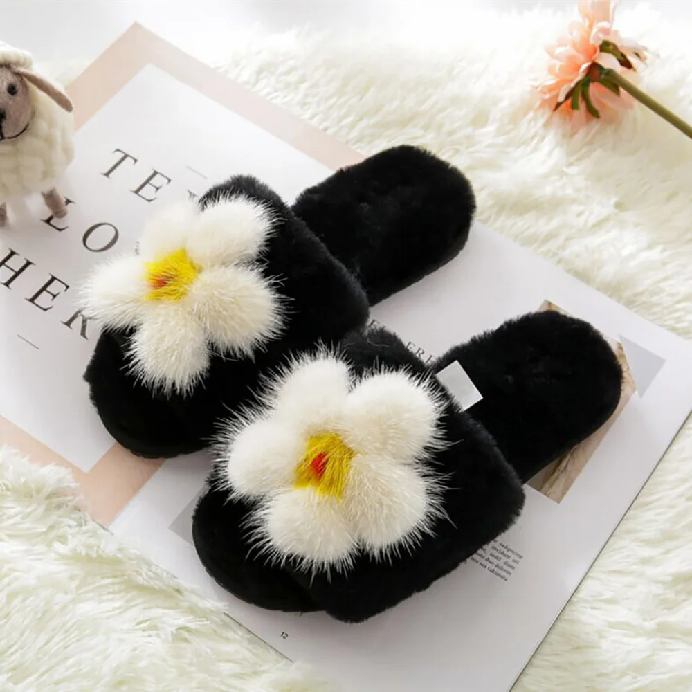 

Jron 7 Color Natural Sheepskin Slippers Fashion Winter Women Indoor Slippers Fur Warm Flower Style Wool Soft Plush Shoes Woolen