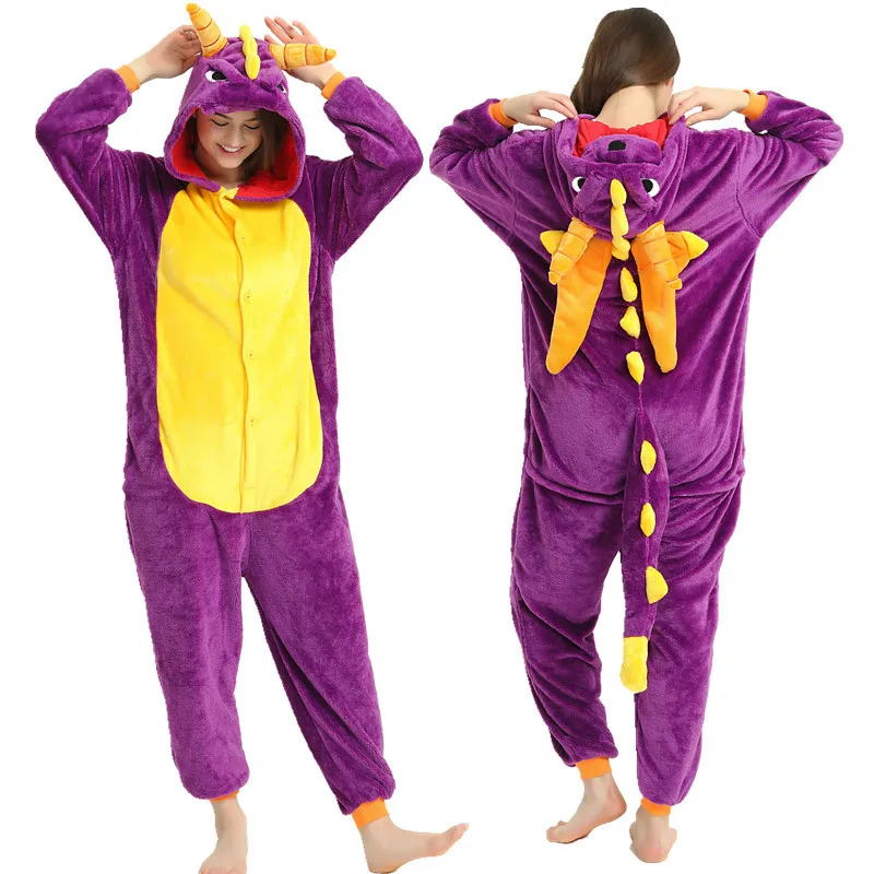 Purple Dinosaur 28 Женский Мультфильм Фокс Олень Единорог Пижамы Мягкий С Капюшоном Животных Пижамы Зимний Костюм Косплей Взрослых Рождество Пижамы Onesies - Цвет: Purple Dinosaur