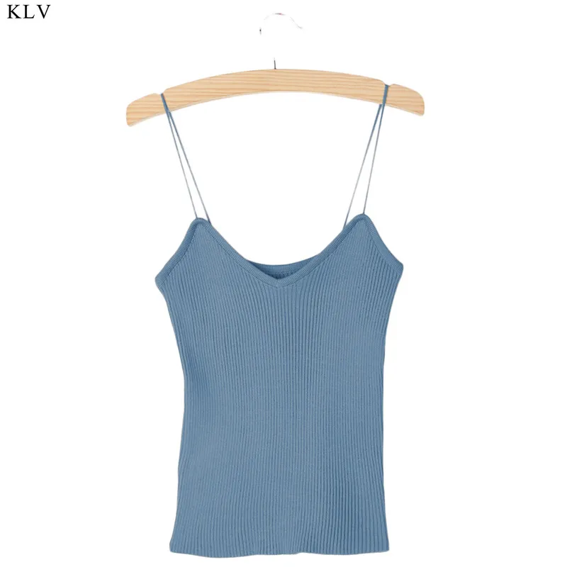 Light Blue KLV трикотажные безрукавки для женщин камзол жилет простой растягивающийся VNeck тонкий сексуальный на бретельках - Цвет: Light Blue