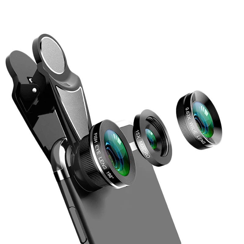 3 в 1 Набор объективов для камеры телефона рыбий глаз 0.63X широкоугольный 15X