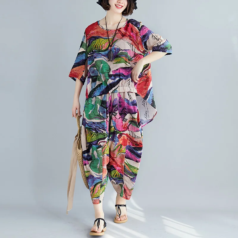 

#0835 Vintage Printed Two Piece Sets Woman Top And Pants Sets Ladies T Shirt And Wide Leg Pants Retro 2 Piece Sets Woman Outfits