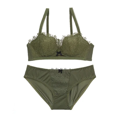 greyish green Сексуальный мусс, кружевное женское нижнее белье, бюстгальтер и трусы, комплекты, пуш-ап, с подкладкой, половина чашки, для молодых девушек, с бантом, черный, зеленый, красный - Цвет: greyish green