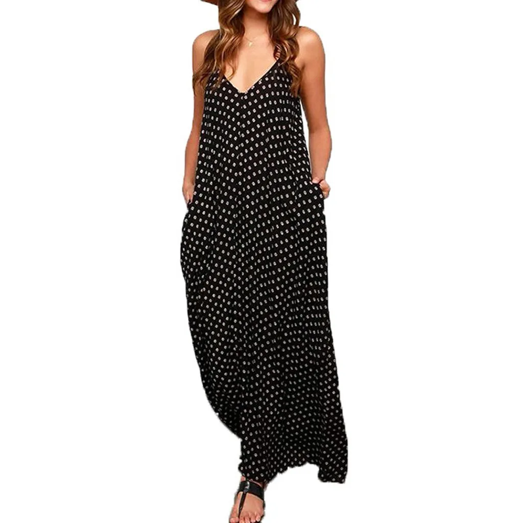 Женское пляжное платье без рукавов Boho свободное в горошек с v образным вырезом и