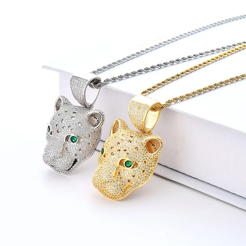 Iced Out Bling подвеска в форме головы леопарда цепочки и ожерелья 2 цвета Micro Pave Циркон мужские модные хип хоп ювелирные изделия
