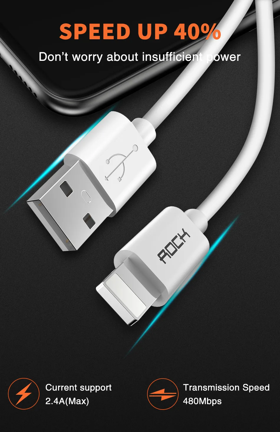 USB кабель ROCK для iphone X, 8, 7 Plus, кабель для синхронизации данных, USB кабель для зарядки iphone 6, 6 S Plus, 5S, 2,4 А, кабель для быстрой зарядки
