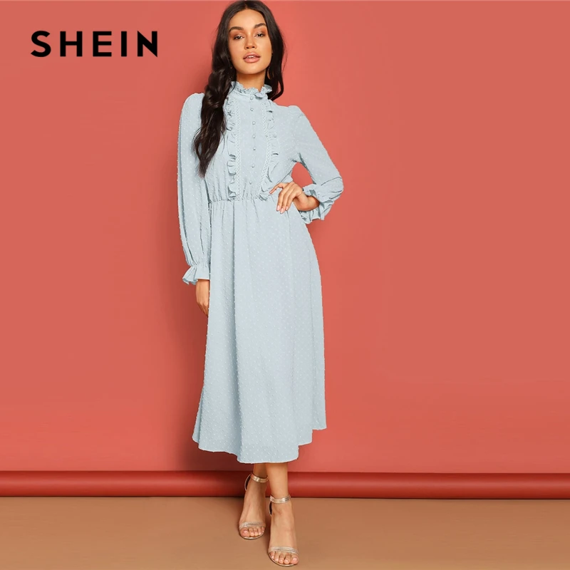 SHEIN Платье С Кружевом И Складкой Женское Голубое Весеннее Элегантное Платье С Длинными Рукавами И Пуговицами