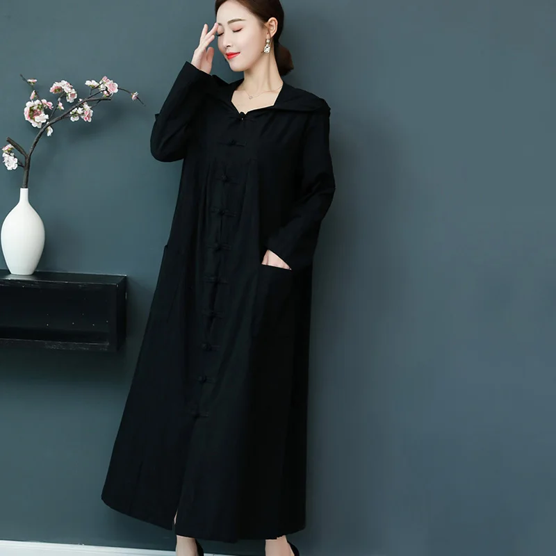 Тренчкот женский длинный из 2019 хлопка и льна с капюшоном в винтажном китайском