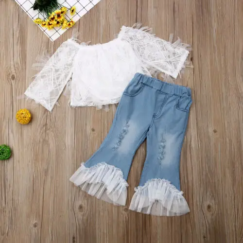 1-6Years 2Pcs Toddler Kid Baby Girl Summer White Lace T Shirt Tops Bell Bottom Pant Jeans Trouser Children Clothes | Детская одежда и